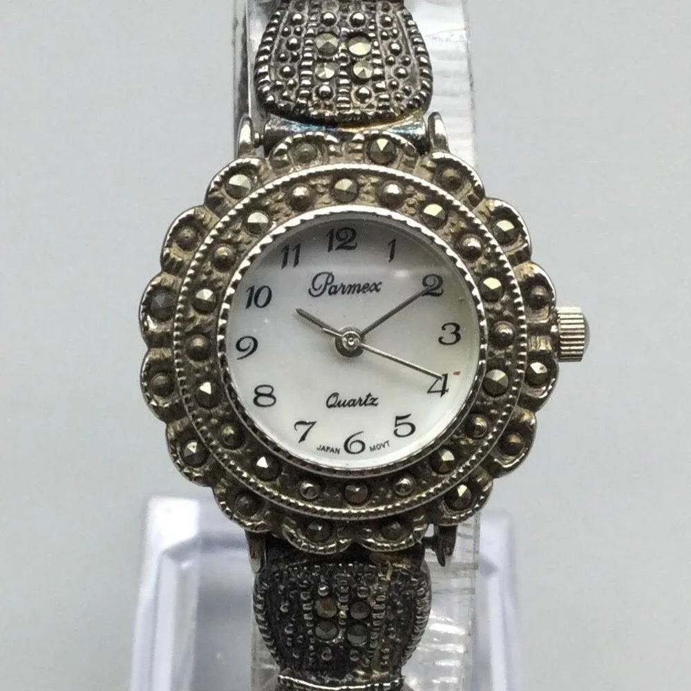Pamex Womens Watch 26mm Silver Tone Marcasite MOP Dial New Battery 6.5